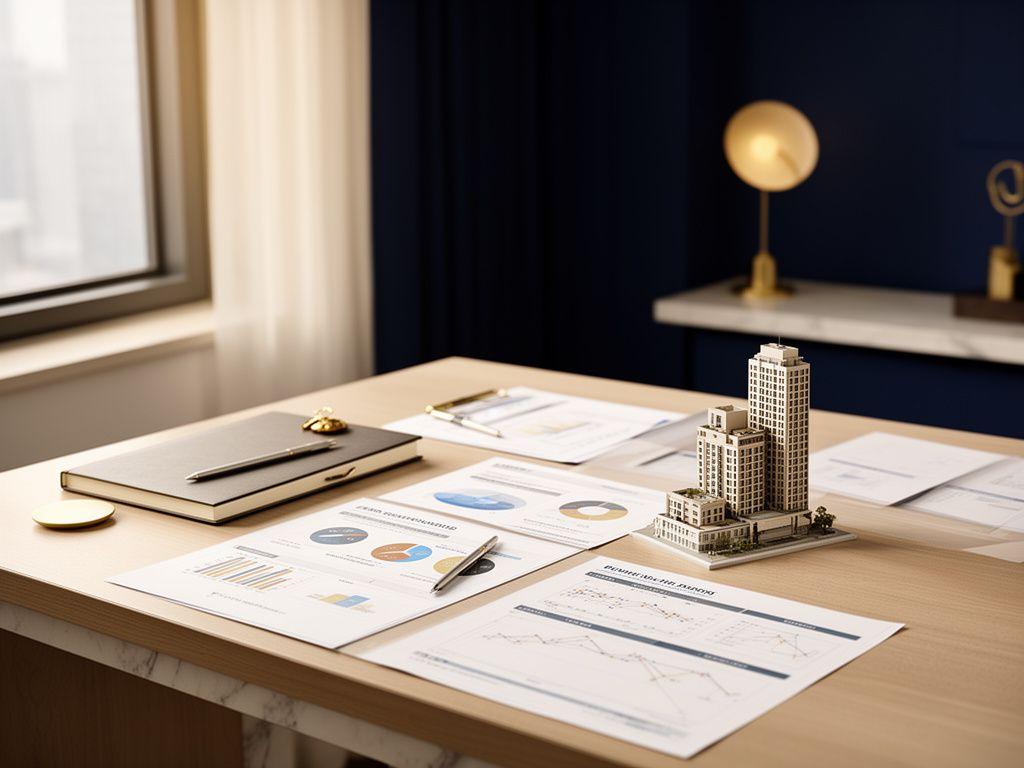 Workspace professionale con documenti finanziari e modello architettonico simbolico di un progetto patrimoniale complesso